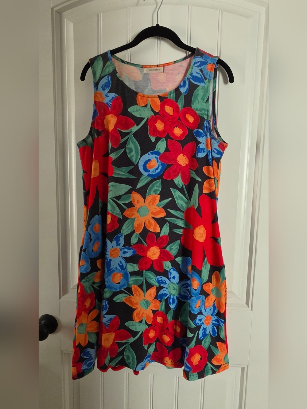 Sleeveless Black Floral Sundress with Bold Red, Orange & Blue Flowers